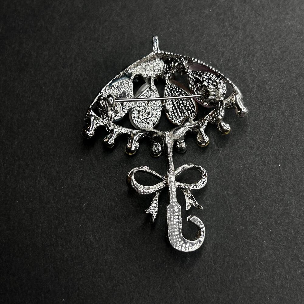 Vintage Style Multicolor Teardrop and Rhinestone Umbrella Brooch Pin - Picture 3 of 3